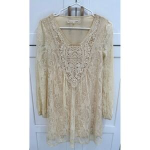 A'Reve Lace Overlay‎ V Neck Mini Dress Ivory Boho Festival Fairy S